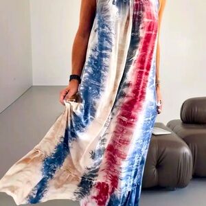Retro Beachy XL Boatneck White Colorblock TieDye Stretch Jersey Knit Tiered Maxi